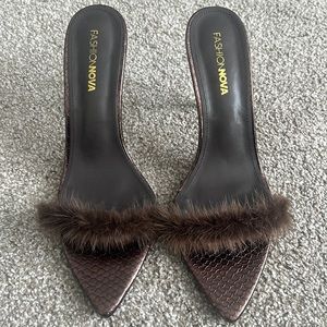 Chocolate heeled mules with faux fur